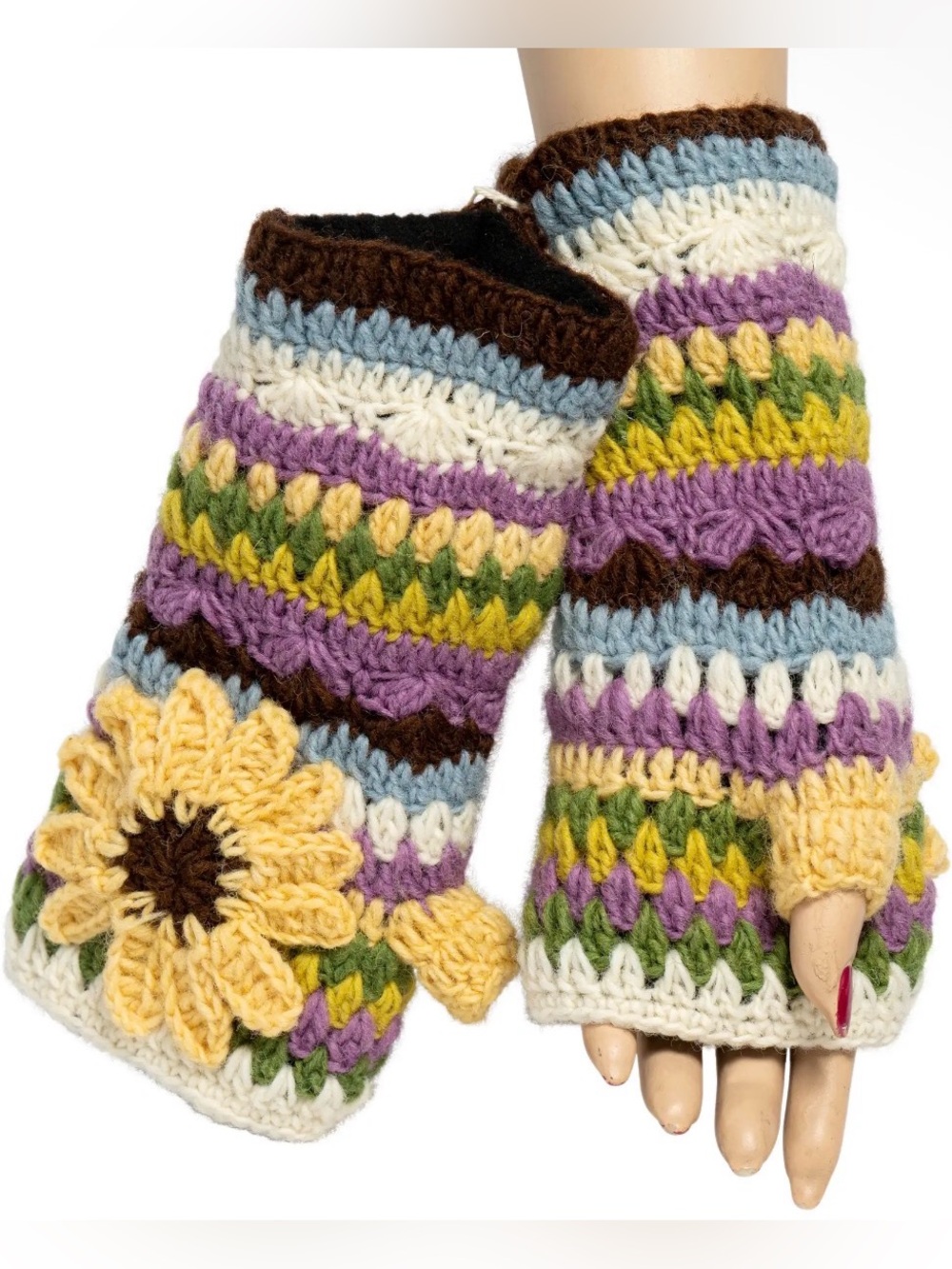 Multicolor Crochet Sunflower Fingerless Gloves